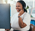 Black woman, computer sales and call center support, customer service and consulting advice, talking and loan helping in office. Happy african telemarketing consultant online crm communication on pc