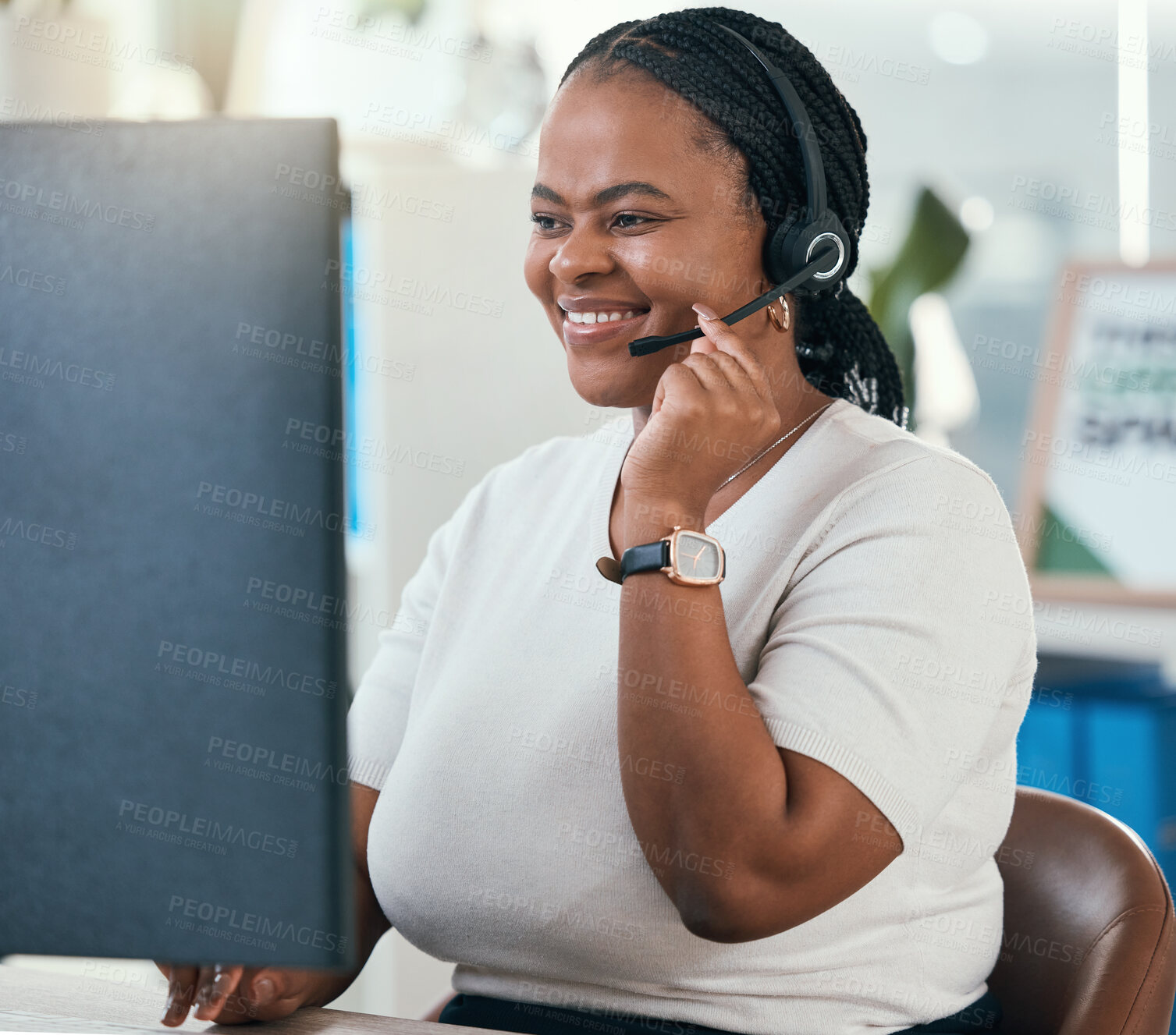 Buy stock photo Black woman, computer sales and call center support, customer service and consulting advice, talking and loan helping in office. Happy african telemarketing consultant online crm communication on pc