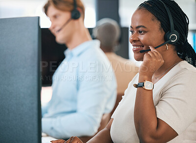 Buy stock photo Call center, CRM and customer service woman working with headset, telemarketing and customer support in office. Contact us, help and business employee consultant with questions, loan or client advice