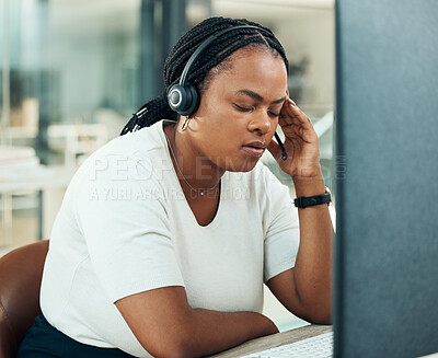 Buy stock photo Stress, headache and black woman with call center computer in contact us, telemarketing and customer service office. Mental health, burnout or anxiety in crm consulting company with technology glitch