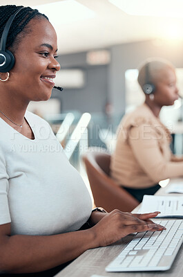 Buy stock photo Black woman, call center and contact us teamwork in office for crm consulting, help or customer support. Happy smile receptionist, telemarketing consultant or sales women working in b2b communication