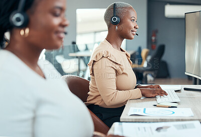 Buy stock photo Customer service, call center and telemarketing consultant happy to help with friendly quality support. Black woman working as an insurance agent talking to a client for a communications company 