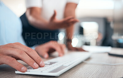 Buy stock photo Business hands, typing computer keyboard and planning ideas, strategy and online research at desk with office staff. Zoom employees working pc desktop web analytics, email and internet tech analysis