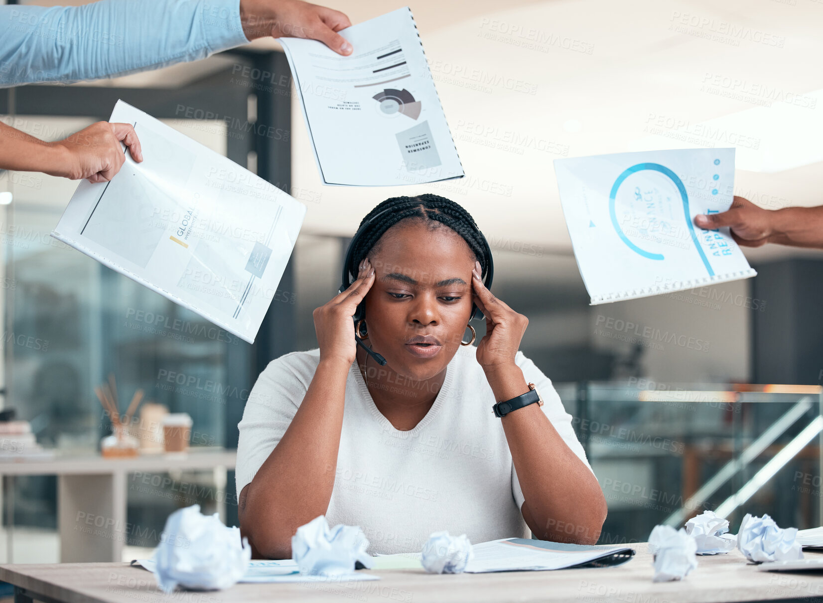 Buy stock photo Stress, burnout and anxiety with a woman consultant working in a call center for customer service, telemarketing and sales. Crm, documents and support with an unhappy female with pressure at work