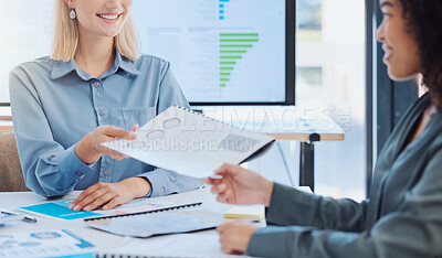 Buy stock photo Women in office, meeting with document for project or  to discuss new marketing strategy. Manager give task, brief or report on paper to young female employee at desk while working together
