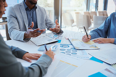 Buy stock photo Business people hands writing in business meeting with notebook, paper or documents for schedule, report or financial data. Zoom of team working with strategy, innovation or KPI company growth. 