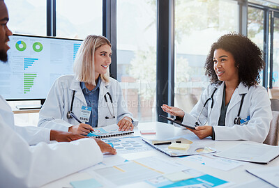 Buy stock photo Healthcare, meeting and teamwork with a doctor and her team planning for growth, research and innovation in the medical industry. Collaboration, medicine and communication with a woman surgeon