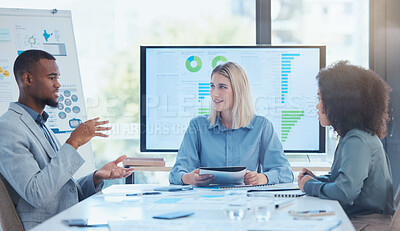Buy stock photo Creative SEO or web design team planning, presentation and strategy with pc tech chart analytics in meeting. Corporate people of startup company teamwork in communication, collaboration and diversity