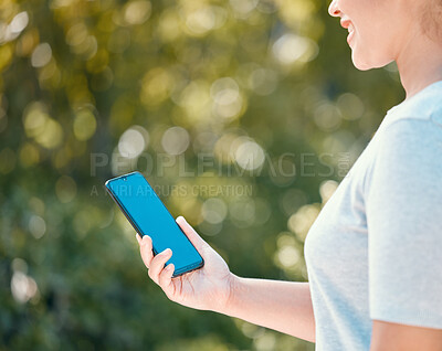 Buy stock photo Nature walk for woman with mockup phone for peace of mind, healthy mindset or freedom with blue screen chroma key. Girl with smartphone copy space walking in outdoor park for wellness or exercise
