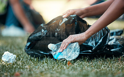 Buy stock photo Hands, plastic bottle and recycling volunteer woman cleaning up garbage and environment trash park problem. Sustainability, eco friendly recycle and volunteering girl with sustainable black waste bag