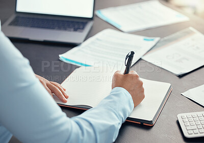 Buy stock photo Woman writing notes, schedule and planning ideas, budget and trading analysis on paper notebook in desk office. Business accountant hands, financial document and strategy for tax investment economy