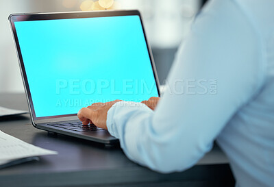 Buy stock photo Green screen laptop mockup with female hands typing at office, starting work and working on digital marketing project. Blank display as a woman sitting at screen, to create and develop online content