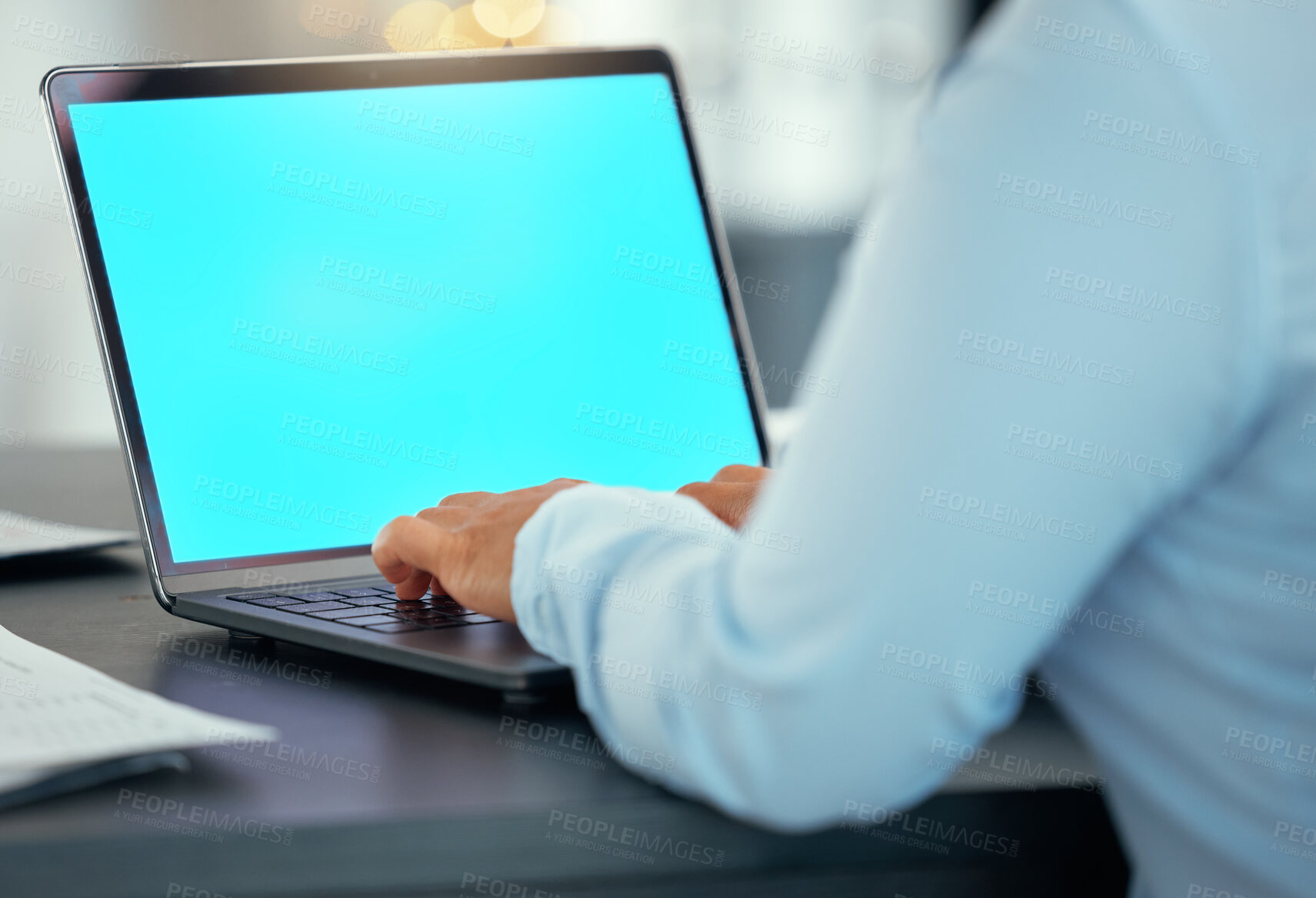 Buy stock photo Green screen laptop mockup with female hands typing at office, starting work and working on digital marketing project. Blank display as a woman sitting at screen, to create and develop online content