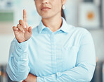 business woman vote at conference, finger up listening idea and think to ask. Volunteer in tradeshow audience closeup, corporate worker order point in career and attention to professional question