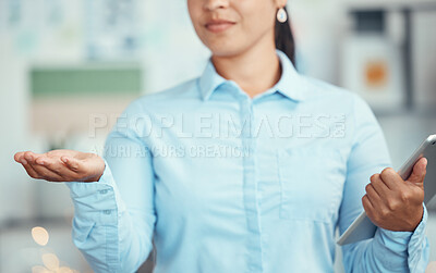 Buy stock photo Business woman with open palm, hand and tablet, startup business funding or receiving gesture. Connection, support or charity collection, giving sign or presenting product idea, welcome or thank you.