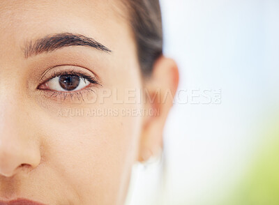 Buy stock photo Woman, eye and vision of face in focus for healthy life and sight against a blurred background. Closeup of female facial macro eyesight in healthcare for market advertising for optician treatment