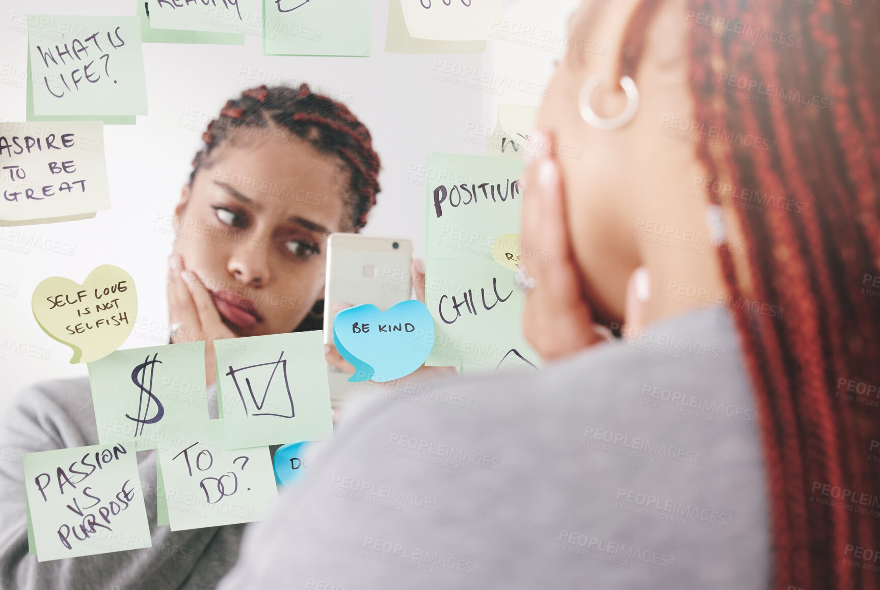 Buy stock photo Sticky notes, mirror and woman taking a picture on a smartphone with a sad and confused face. Upset and unhappy girl reading motivational, positive affirmation and self care post it reminder.
