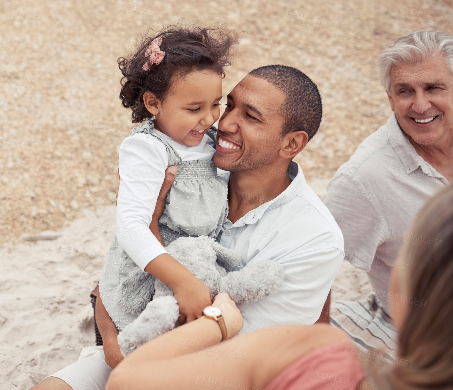 Buy stock photo Father, family and beach this summer, happy to be with his child. People on a picnic on vacation, smiling and baby is happy. Mother, grandfather, dad and young girl on this sunny day.