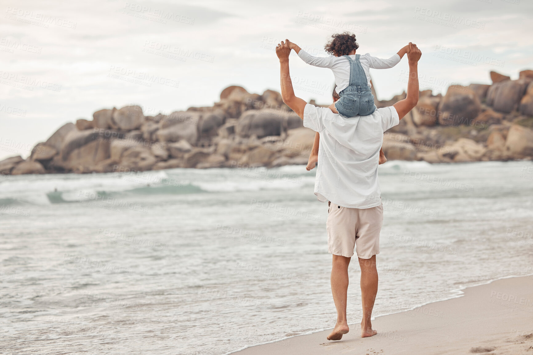 Buy stock photo Family, beach and child on shoulder of dad for support on summer holiday, happiness and lifestyle. Freedom, vacation and care with father holding daughter and walking by the sea for love and joy