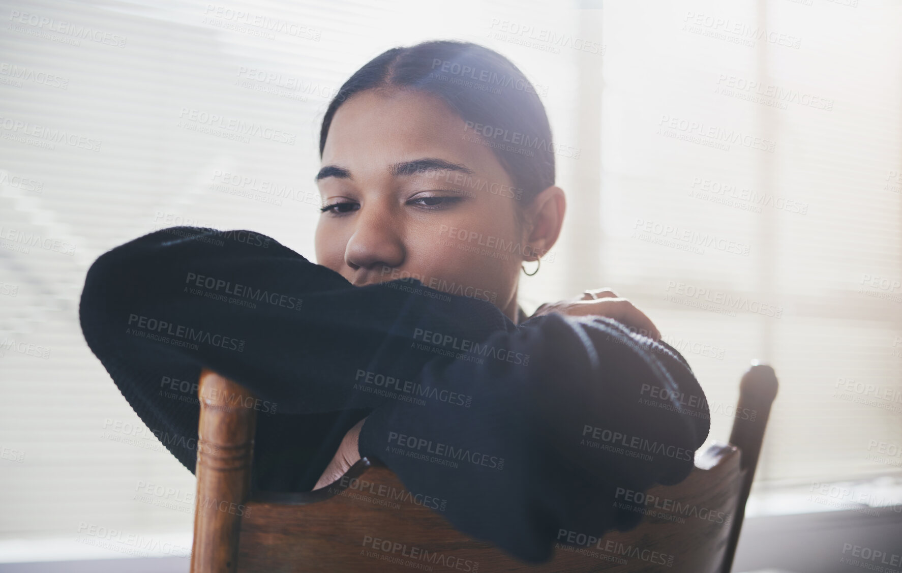 Buy stock photo Depression woman, mental health and anxiety thinking about suicide, life stress and trauma crisis. Sad, scared and lonely young girl student with fear of bullying problem, panic attack and worried