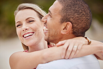 Buy stock photo Happy, love and diversity couple with hug celebrate travel, engagement and vacation at sea, ocean or luxury beach. Smile or man and woman with happiness, laugh and bond time together or celebration