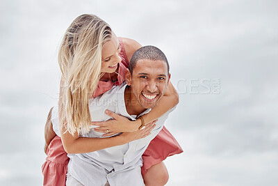 Buy stock photo Love, freedom and couple embrace at beach, happy and relax on summer vacation together. Portrait of interracial man and woman enjoy playful relationship outdoors in nature, having fun bonding on trip