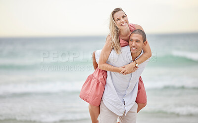 Buy stock photo Travel, beach and woman on man back enjoying bonding for romance, love and relationship together. Summer, holiday and happiness with piggy back couple by the sea on a vacation trip for fun and joy