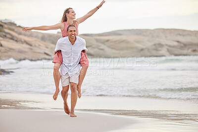 Buy stock photo Beach, love and summer couple walking on sand together for relaxing date with piggy back. Young, happy and playful people in romantic interracial relationship enjoy ocean vacation break.