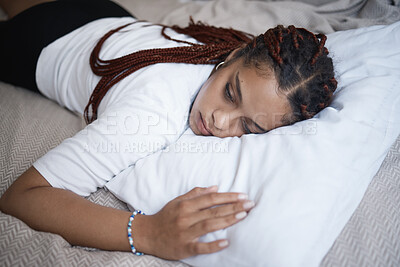 Buy stock photo Sad girl, mental health problem and bedroom rest with depressed thoughts and personality disorder. Hopeless young woman suffering with depression, despair and psychosis risk alone on bed.