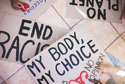 Buy stock photo Writing on protest cardboard sign or banner for racism justice, abortion and global climate change problem. Hands of crowd in support of sustainability, environment and woman rights solution rally