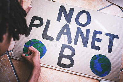 Buy stock photo Environment, cardboard and poster for protest for climate change, global warming and earth day. Global, green and ecology with black man drawing a creative sign for environmental and energy crisis 