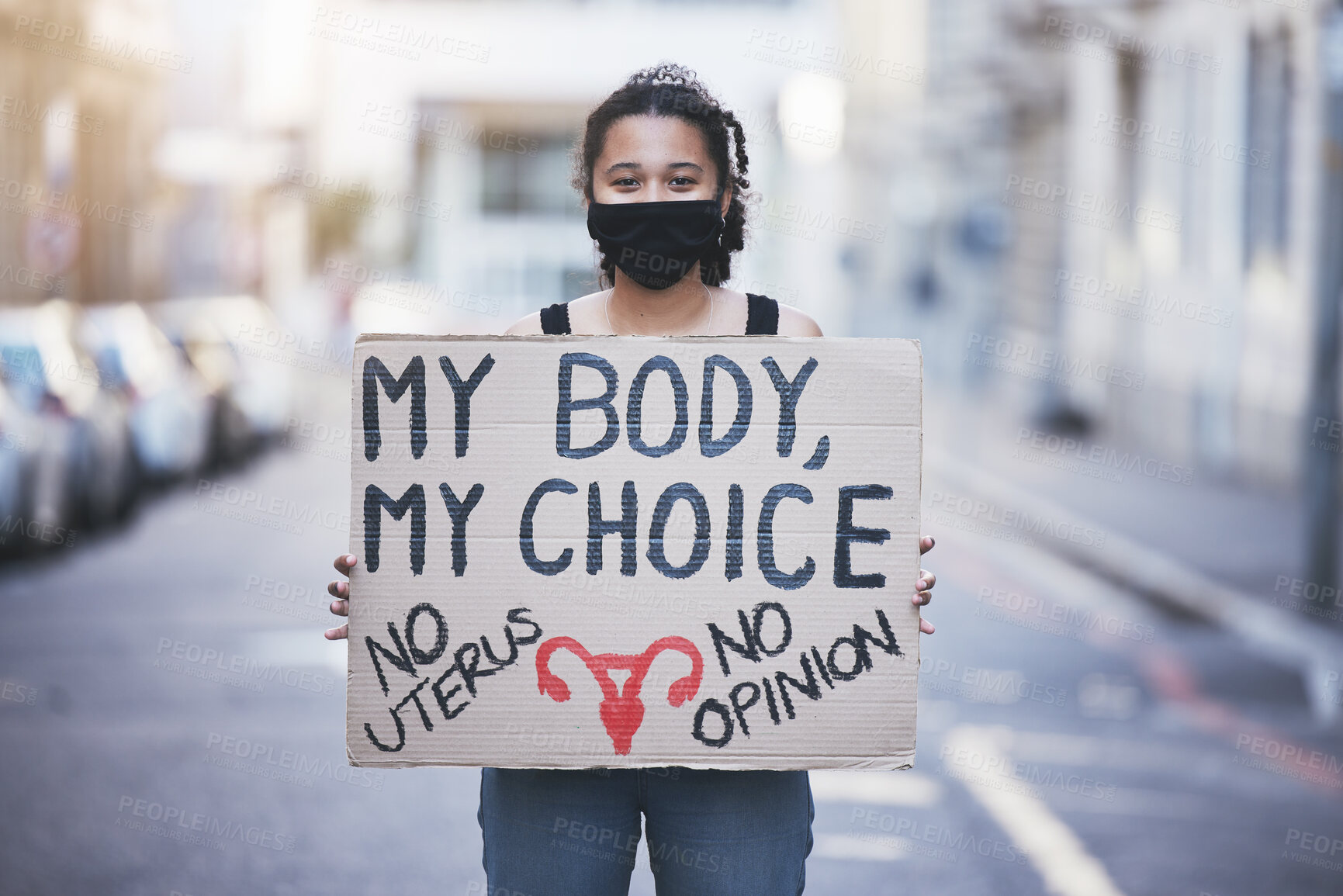 Buy stock photo Protest woman, abortion choice or healthcare cardboard poster in a city street for body, human rights and law politics. Girl voice, opinion or slogan words for gender equality with face mask portrait