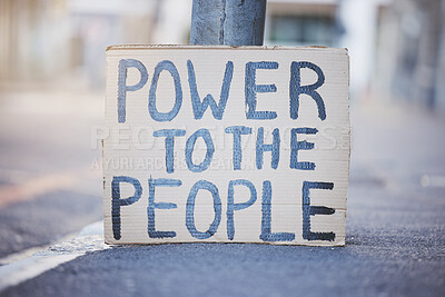 Buy stock photo Freedom, poster and government city protest for justice, liberty and human rights in an empty street. Racism, poverty and community uplifting with empowering equality demand by public vote for change