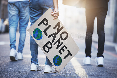 Buy stock photo People with climate change poster or banner protest on asphalt road, street or city. Legs of group of women, walk or rally for global warming, world environment change or save the planet with flare