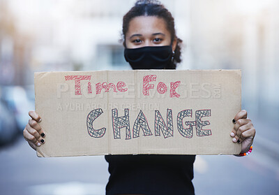 Buy stock photo Woman poster of climate change, environment support and to stop global warming, world revolution and planet justice. Protest portrait sign in fight for pollution crisis, future earth and human rights