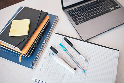 Buy stock photo Paper, writing and idea with a notebook, laptop and books on a desk in an empty office for planning at work. Computer, email and strategy with still life objects on a table for business or creativity