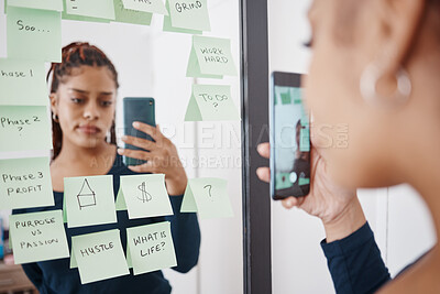 Buy stock photo Woman entrepreneur with mirror selfie and sticky note for business planning with a sad, confused face. Startup girl with problem, anxiety or project fail and stress for future budget or finance debt