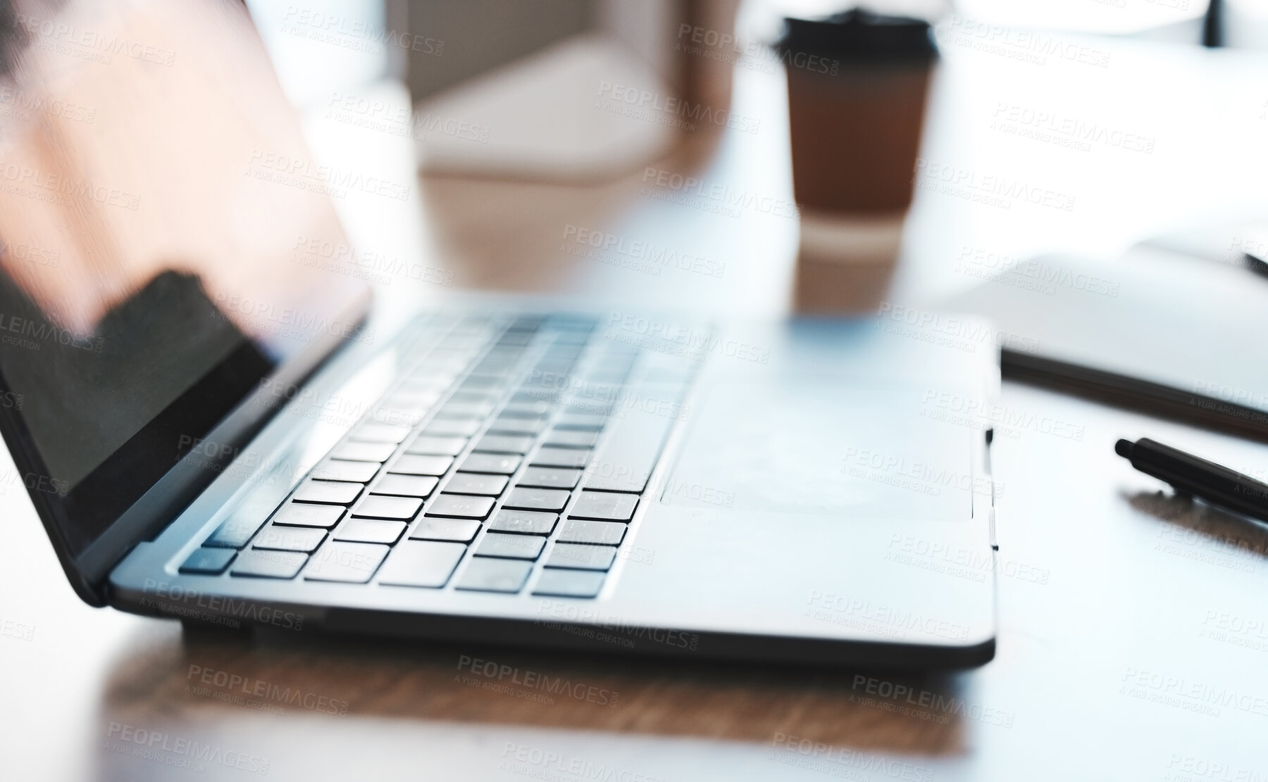 Buy stock photo Laptop, computer and desk with a notebook on a table in an empty office at work. Technology, email and connectivity with a wireless device at a workstation for marketing, advertising or design