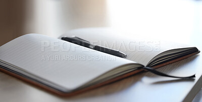 Buy stock photo Office mockup notebook and pen on a desk for work, writing or planning a schedule. Professional, empty and Isolated texture book, diary or notepad with blank paper to write information on wood table