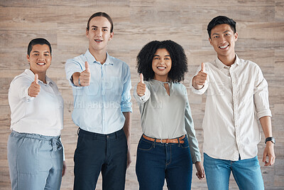 Buy stock photo Diversity, thumbs up and team success, collaboration and support with yes, review and winner hand icon in a office. Corporate workers smile with emoji sign for goal, vote and thank you with teamwork