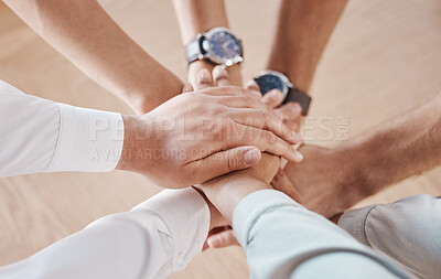 Buy stock photo Business people, hands and team building motivation in support, trust and collaboration circle in office. Zoom on diversity men, planning women or global company meeting with goal and innovation idea