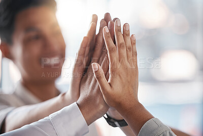 Buy stock photo Success, teamwork and high five by team collaboration in support of goal or vision for global success. Motivation, community and innovation with business people hands in team building and planning