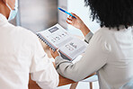 Finance, growth and report with a business woman reading a document during a meeting in the office. Accounting, teamwork and strategy with a corporate female employee holding a file or folder at work