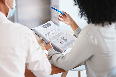 Buy stock photo Finance, growth and report with a business woman reading a document during a meeting in the office. Accounting, teamwork and strategy with a corporate female employee holding a file or folder at work