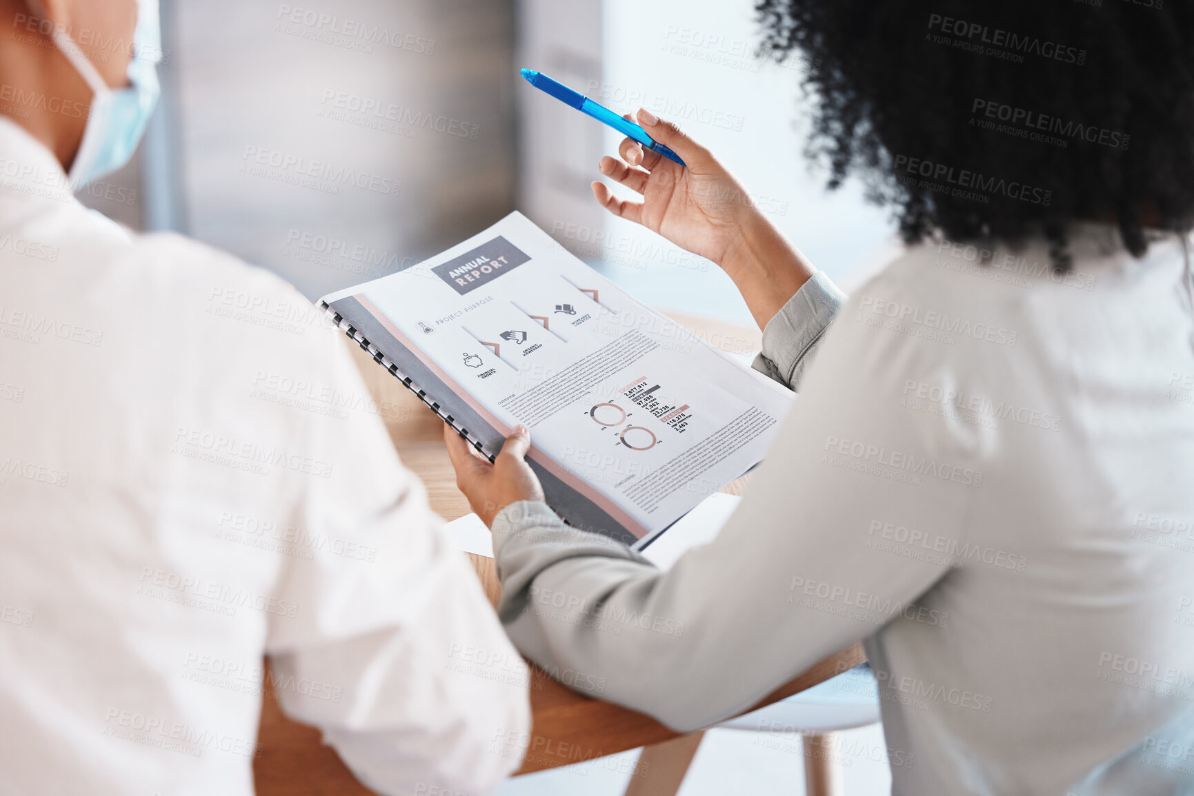 Buy stock photo Finance, growth and report with a business woman reading a document during a meeting in the office. Accounting, teamwork and strategy with a corporate female employee holding a file or folder at work