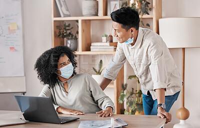 Buy stock photo Covid face mask, personal space and business people talking in meeting, rejecting social distancing on laptop and frustrated with coworker. Employees working together with coronavirus regulations