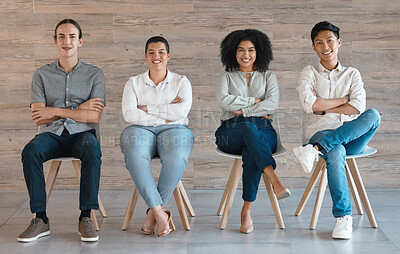 Buy stock photo Business people, diversity or global office pride with women, men or employee teamwork in collaboration. Portrait, smile or happy black woman and design workers for about us in creative startup brand