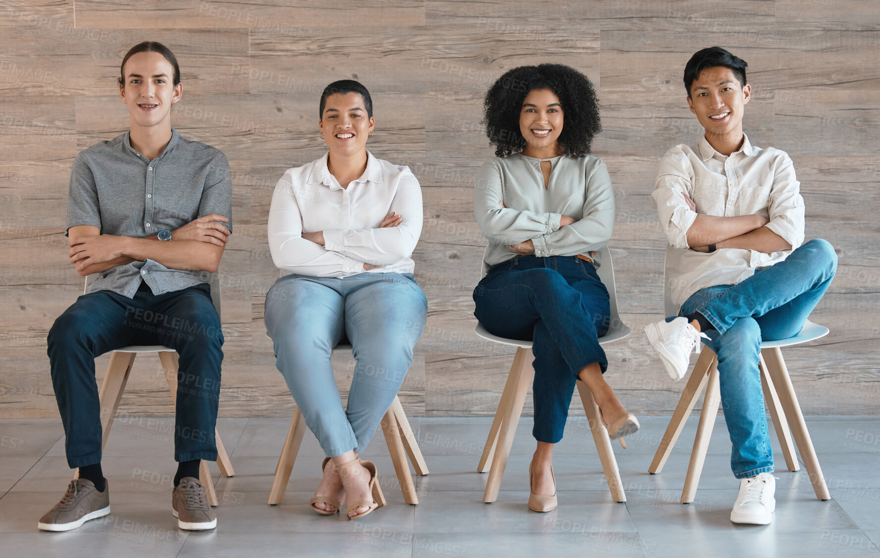 Buy stock photo Business people, diversity or global office pride with women, men or employee teamwork in collaboration. Portrait, smile or happy black woman and design workers for about us in creative startup brand