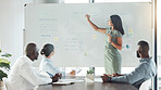Woman at work using whiteboard to show her research, strategy and vision to colleagues to grow their company. Using her leadership skills, she speaks to other employees and gives a sales presentation