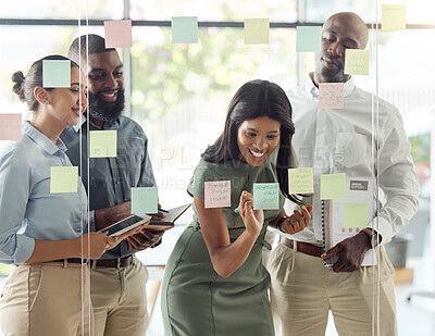 Buy stock photo Sticky note, planning meeting and business people thinking of creative idea, writing strategy on paper and happy with team building goal in office. Corporate employees with smile working on schedule